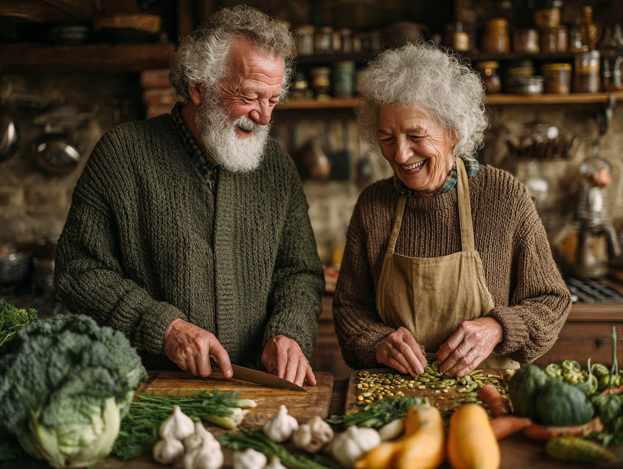 Здорова пара середнього віку готує корисну їжу разом